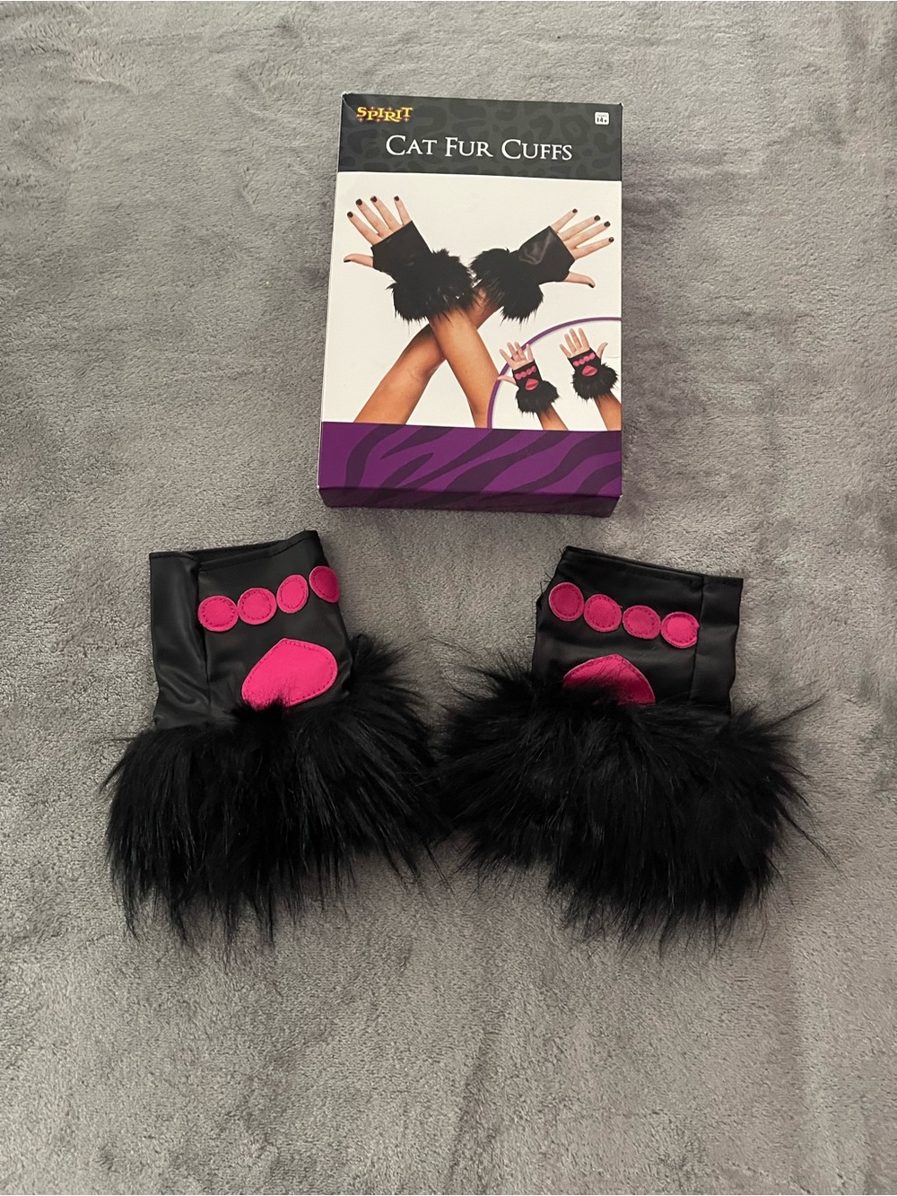 Spirit Black Faux Fur Cat Paw Cuffs with Pink Accents